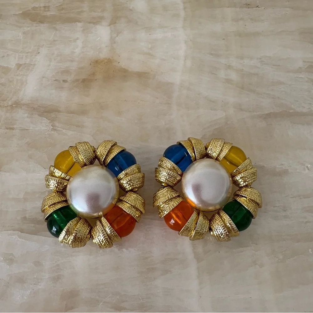 Vintage 70s clip on large earrings gold pearl multicolor eclectic boho indie